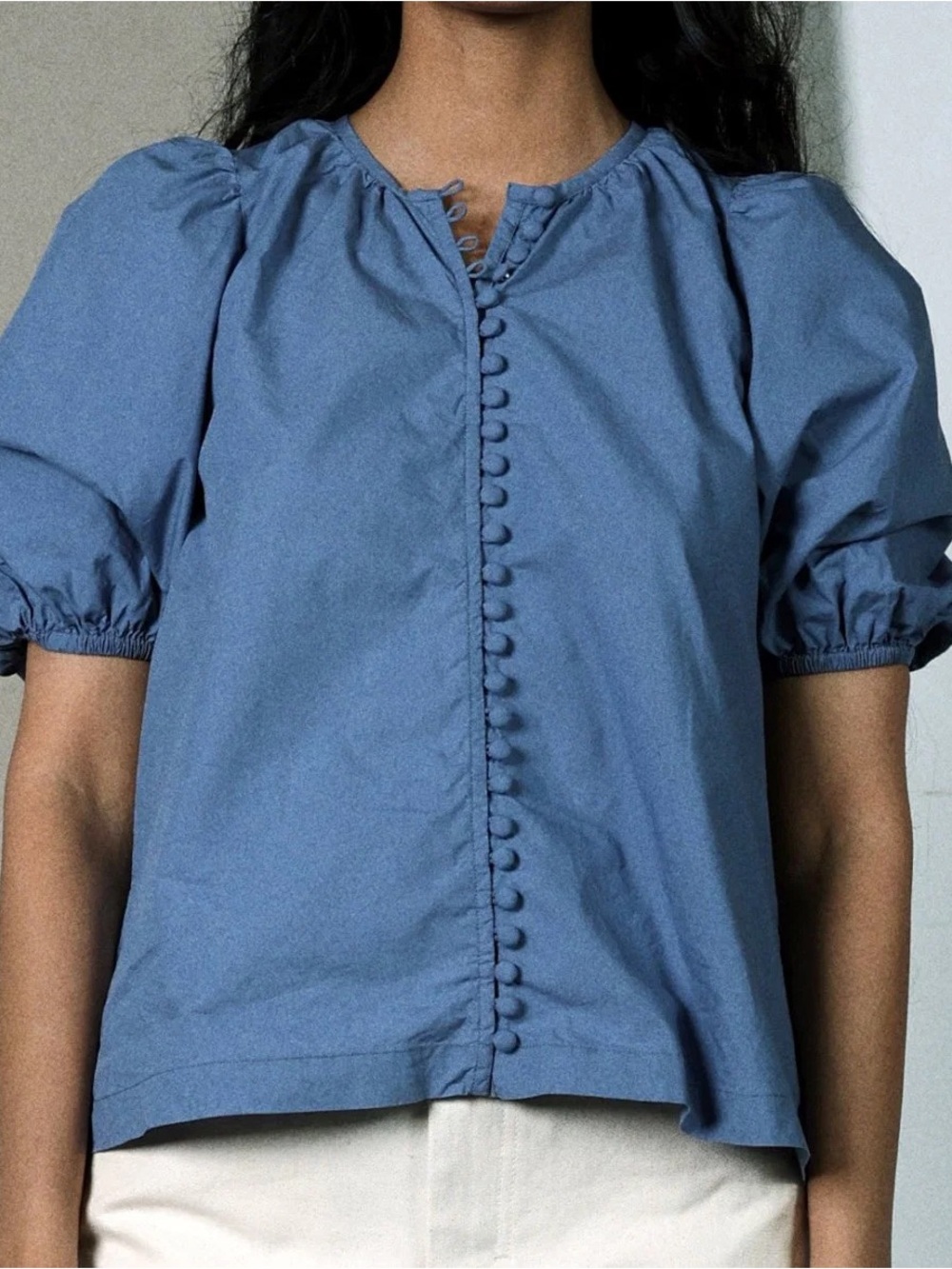 Blue Puff Sleeve Button-Front Blouse